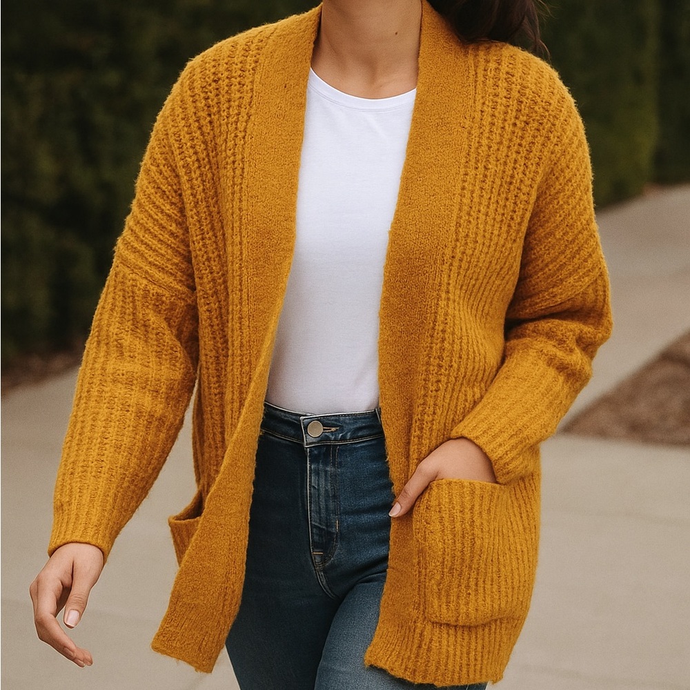 Altar'd State Mustard Yellow Chunky Knit Cardigan Sweater M/L